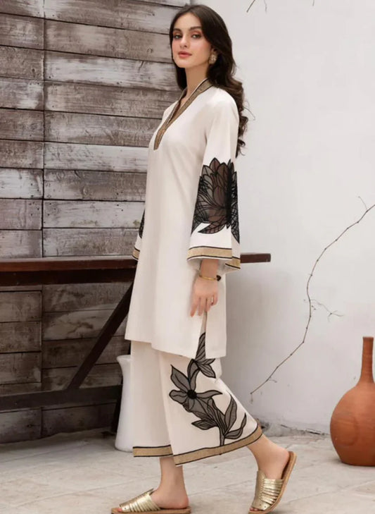 Almond ( Stitched Emb 2 Pcs) With Plazo